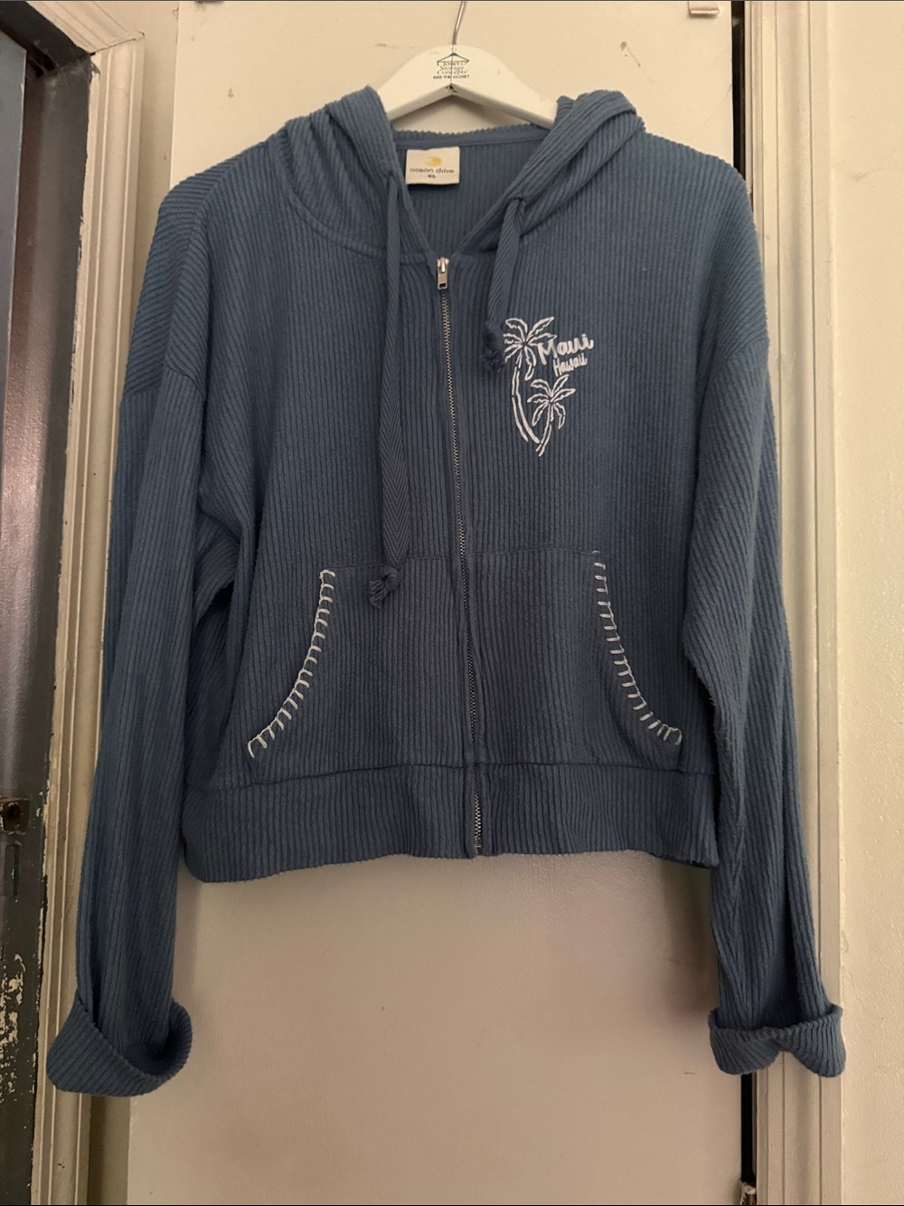Ocean Drive Navy Hoodie with White Palm Embroidery